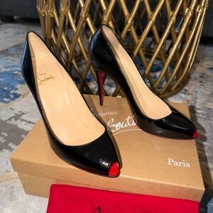 Christian Louboutin Black Patent Leather Peep-Toe Pumps with Red Accents